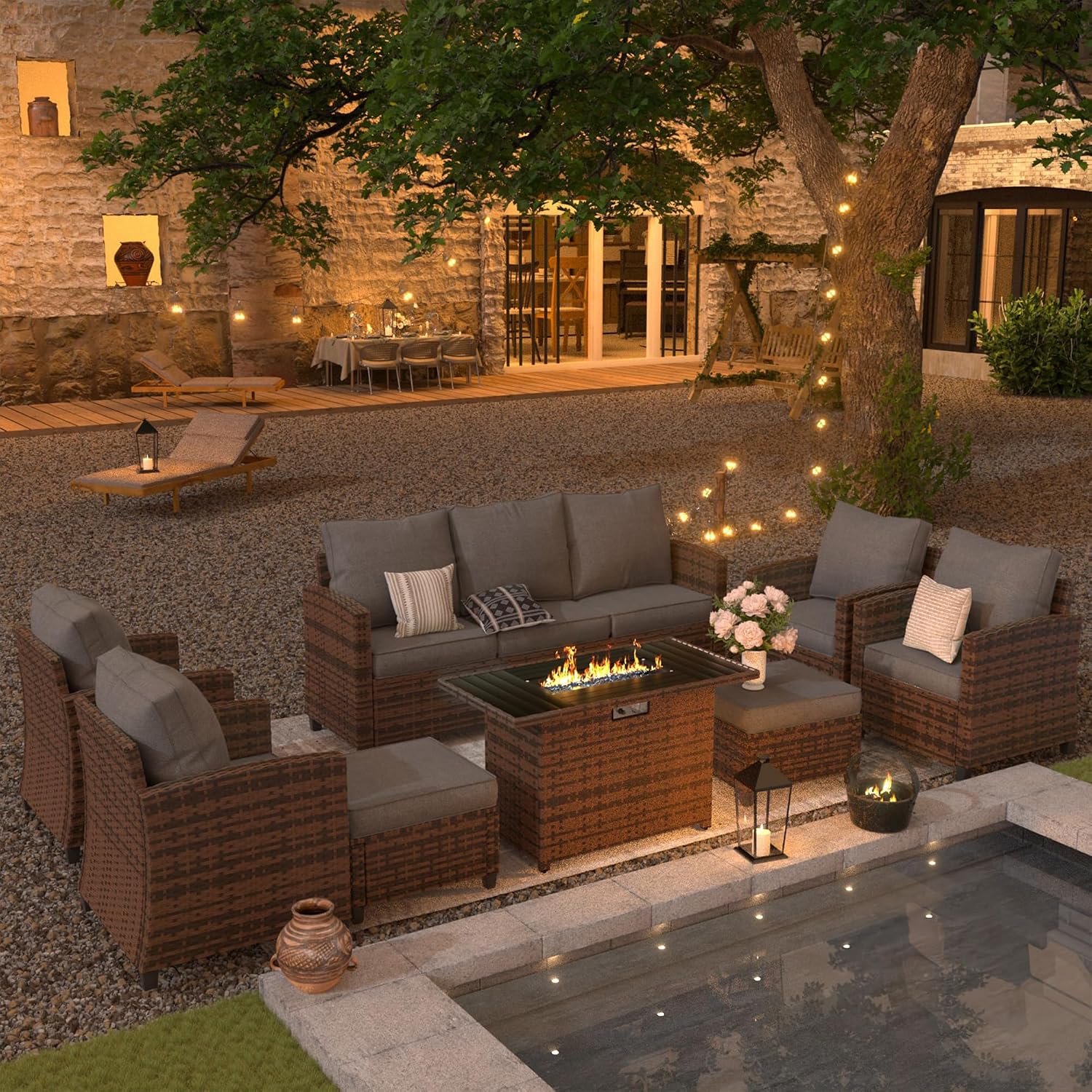 UDPATIO Patio Furniture Set with 44' Fire Pit Table, 8 Pieces Outdoor Sectional Conversation Sets, All-Weather Wicker Rattan Sofa Ottoman with 4' Thick Cushion for Garden Backyard Deck, Dark Grey