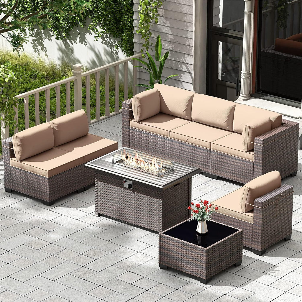 Kullavik 8 Pieces Outdoor Patio Furniture Set,Sectional Sofa Set with 43' 55000 BTU Gas Propane Fire Pit Table,Brown PE Rattan Wicker Patio Conversation Set,Sand