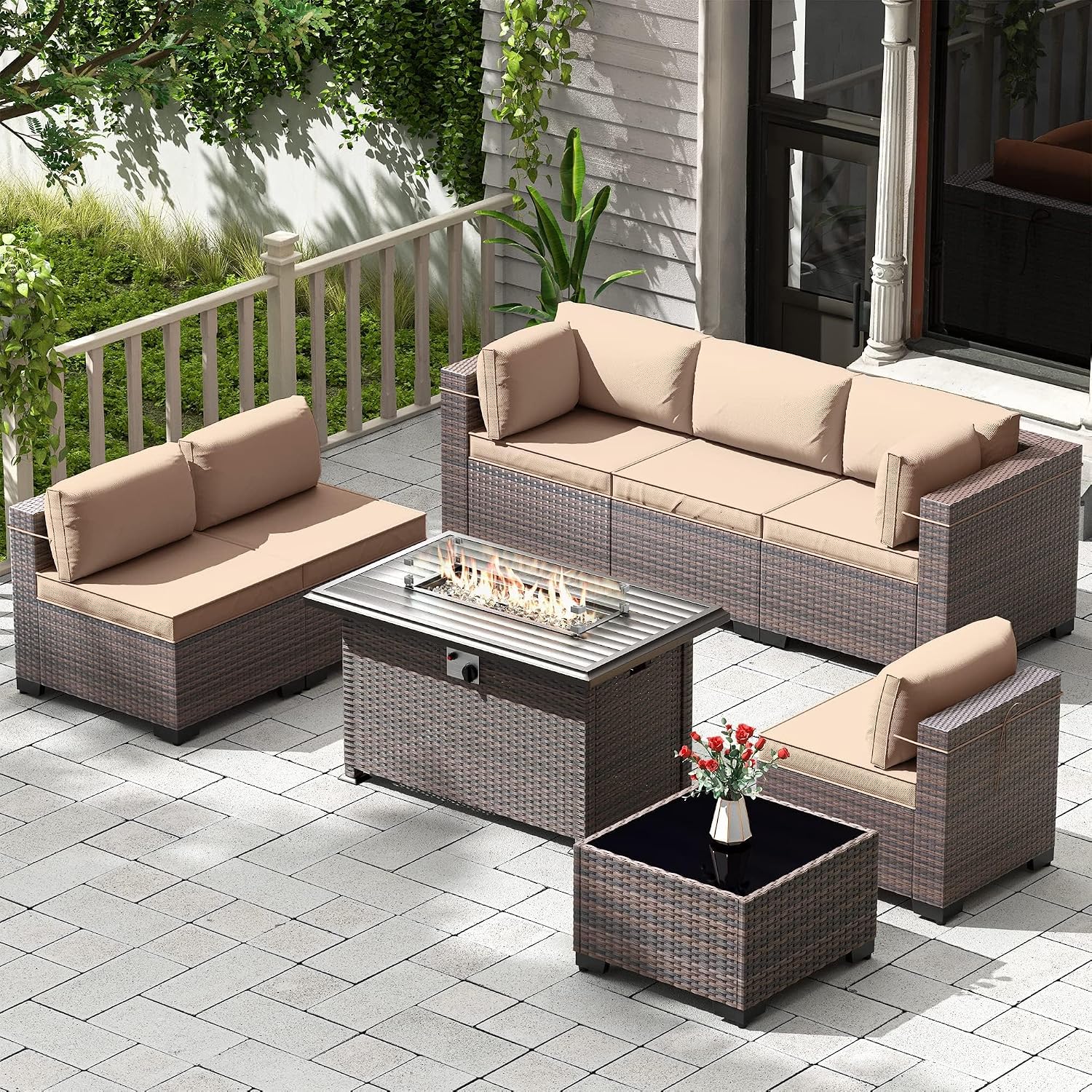 Kullavik 8 Pieces Outdoor Patio Furniture Set,Sectional Sofa Set with 43' 55000 BTU Gas Propane Fire Pit Table,Brown PE Rattan Wicker Patio Conversation Set,Sand