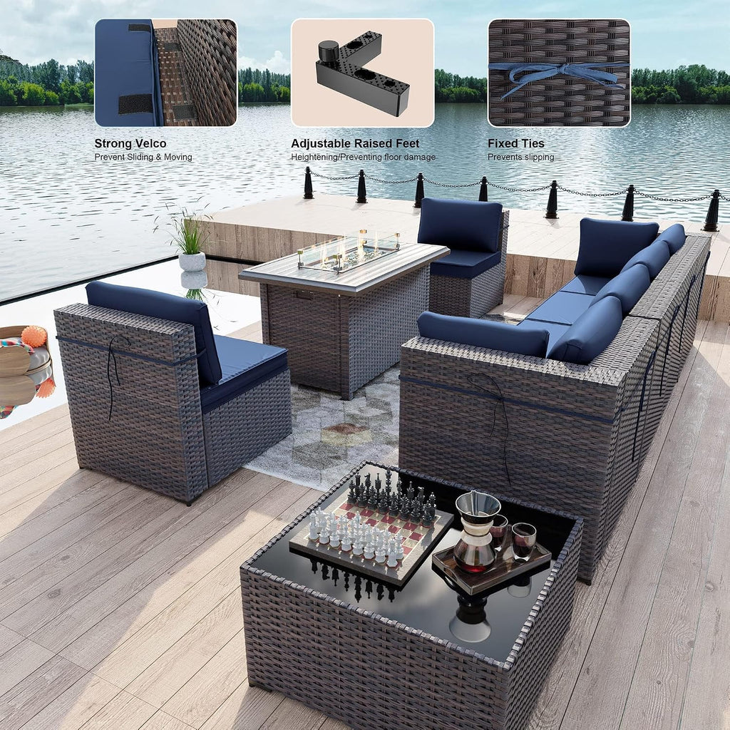 Kullavik 8 Pieces Outdoor Patio Furniture Set,Sectional Sofa Set with 43' 55000 BTU Gas Propane Fire Pit Table,Brown PE Rattan Wicker Patio Conversation Set,Navy Blue