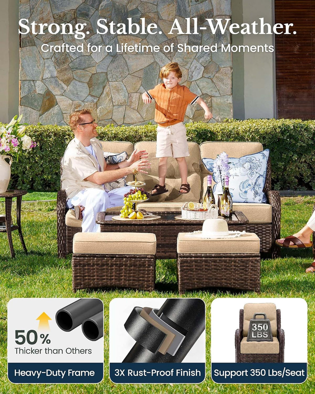 HILLGA 6-Piece Luxury Patio Furniture Set with 6' Thick Cushions, Weather-Resistant Wicker High Back Swivel Rocker Chairs, Senior-Friendly Outdoor Loveseat Set for Deck, Yard and Poolside, Beige(V2)