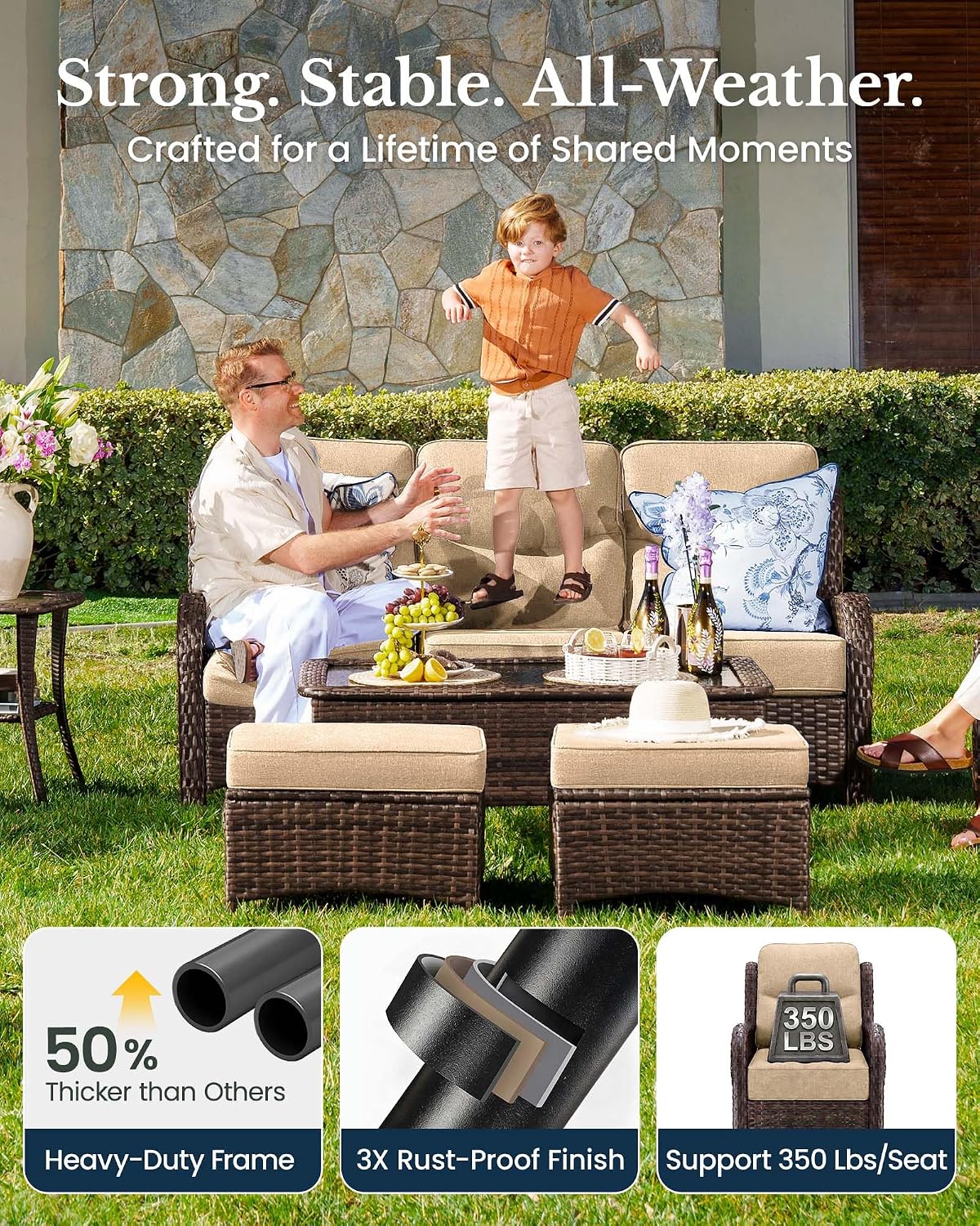 HILLGA 6-Piece Luxury Patio Furniture Set with 6' Thick Cushions, Weather-Resistant Wicker High Back Swivel Rocker Chairs, Senior-Friendly Outdoor Loveseat Set for Deck, Yard and Poolside, Beige(V2)