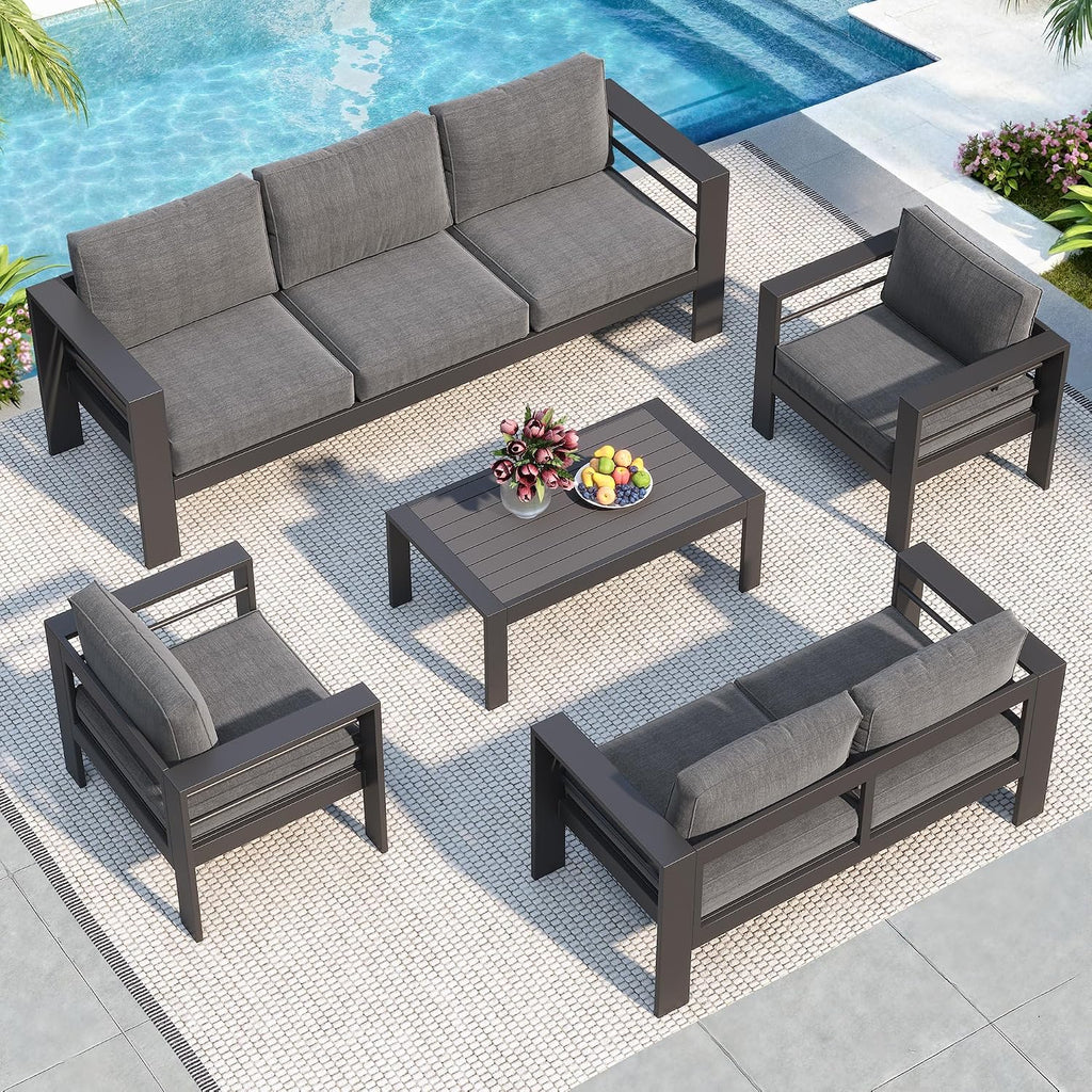 Solaste Aluminum Patio Furniture Set for All Weather, Oversized Metal Outdoor Furniture Set with 27.5' Deep Seating and 3.2' Wide Armrest, Outdoor Patio Conversation Sets with 10' Back Cushion, Gray