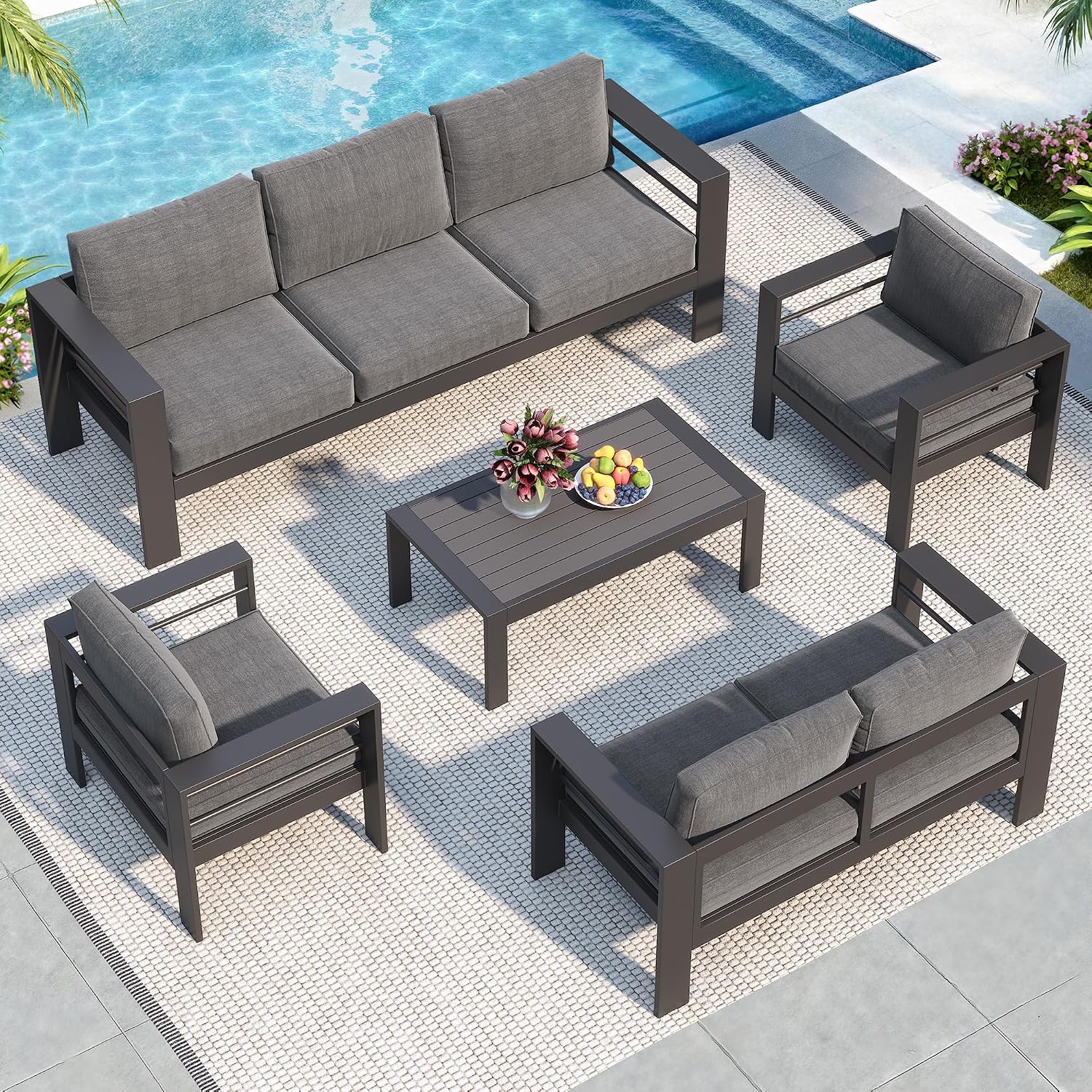 Solaste Aluminum Patio Furniture Set for All Weather, Oversized Metal Outdoor Furniture Set with 27.5' Deep Seating and 3.2' Wide Armrest, Outdoor Patio Conversation Sets with 10' Back Cushion, Gray