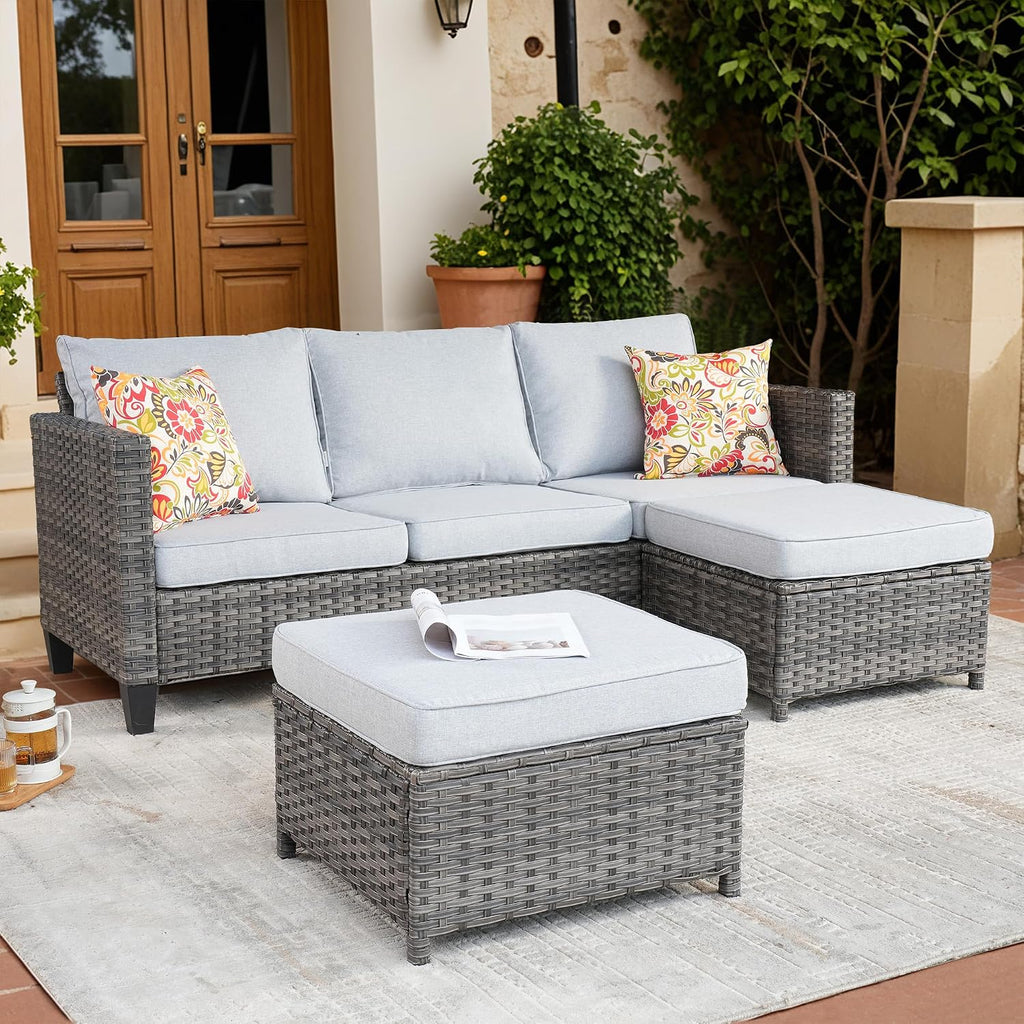 ovios Patio Sofa 3 Pieces Patio Furniture Set Outdoor Wicker Sofa Couch with Ottomans Thick Cushions, All Weather Rattan Conversation Set for Porch Backyard Deck, Grey