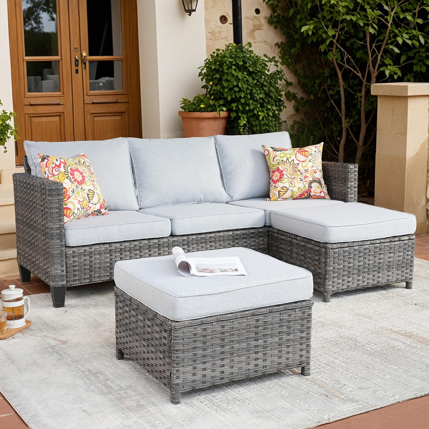 ovios Patio Sofa 3 Pieces Patio Furniture Set Outdoor Wicker Sofa Couch with Ottomans Thick Cushions, All Weather Rattan Conversation Set for Porch Backyard Deck, Grey