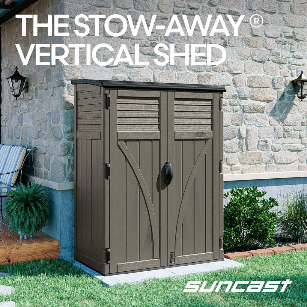 Suncast Outdoor Storage Cabinet Waterproof Resin Vertical Outdoor Storage Shed (54 cu. ft.) for Patio, Garden Tools, Cushions, & Equipment. Weatherproof Plastic Multi-Wall Design, Capacity Made in USA