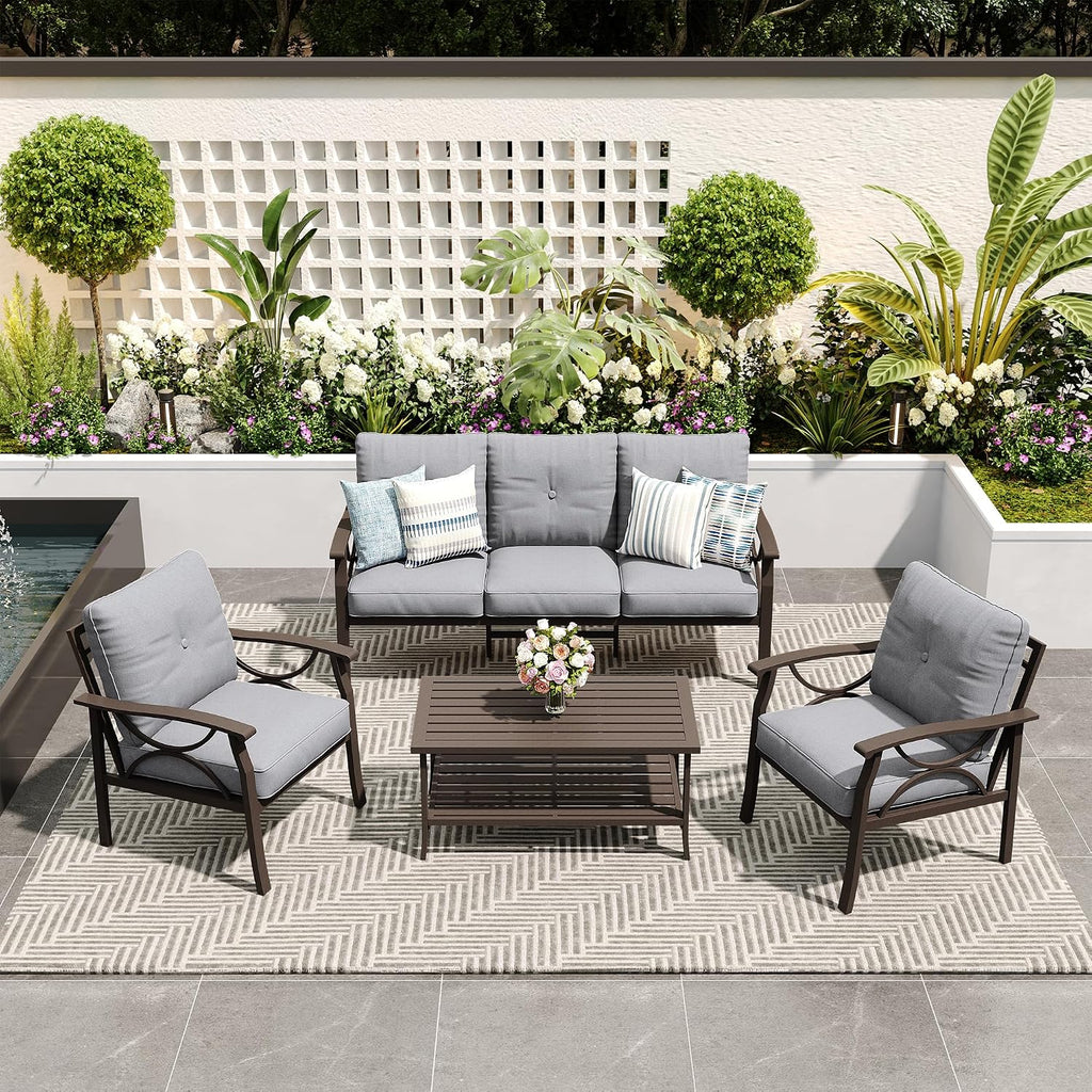 FansaFurn 4-Piece Outdoor Patio Furniture Set, Outdoor Metal Sectional Furniture with Cushions, Outdoor Conversation Seating Set with Coffee Table for Deck, Backyard, Garden, Balcony, Grey