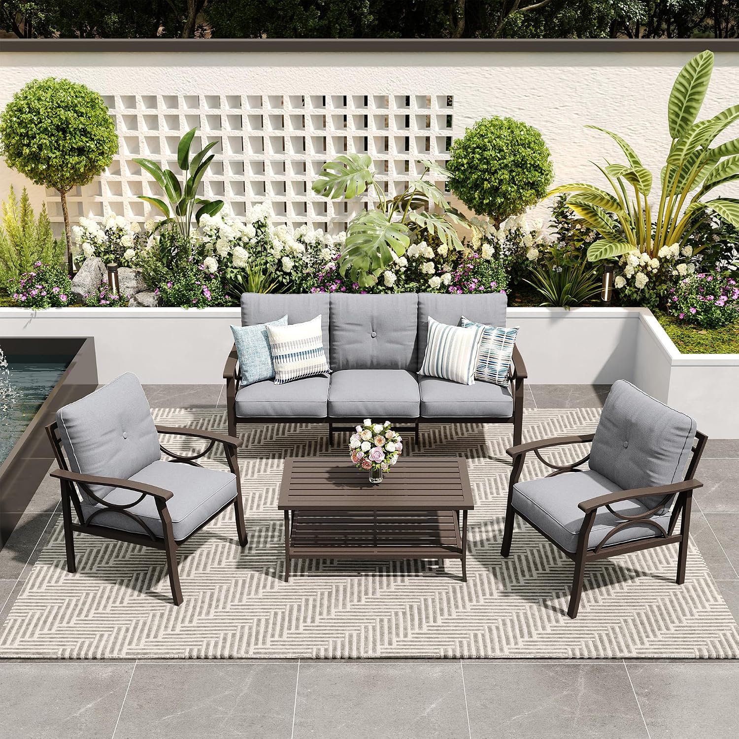 FansaFurn 4-Piece Outdoor Patio Furniture Set, Outdoor Metal Sectional Furniture with Cushions, Outdoor Conversation Seating Set with Coffee Table for Deck, Backyard, Garden, Balcony, Grey