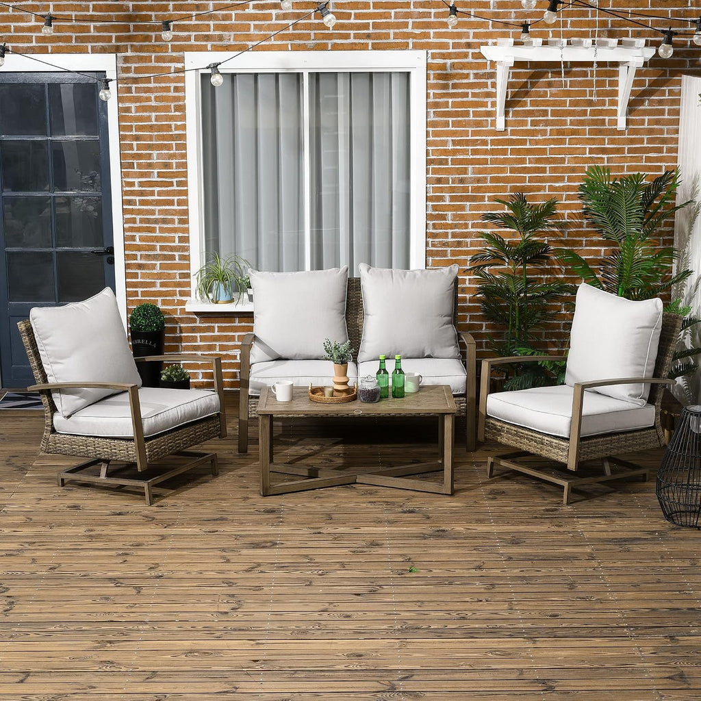 Outsunny 4 Piece Wicker Patio Furniture Set with 2 Rocking Chairs, Loveseat Sofa, Outdoor PE Rattan Conversation Set with Cushions, Aluminum Table for Porch, Poolside, Light Gray