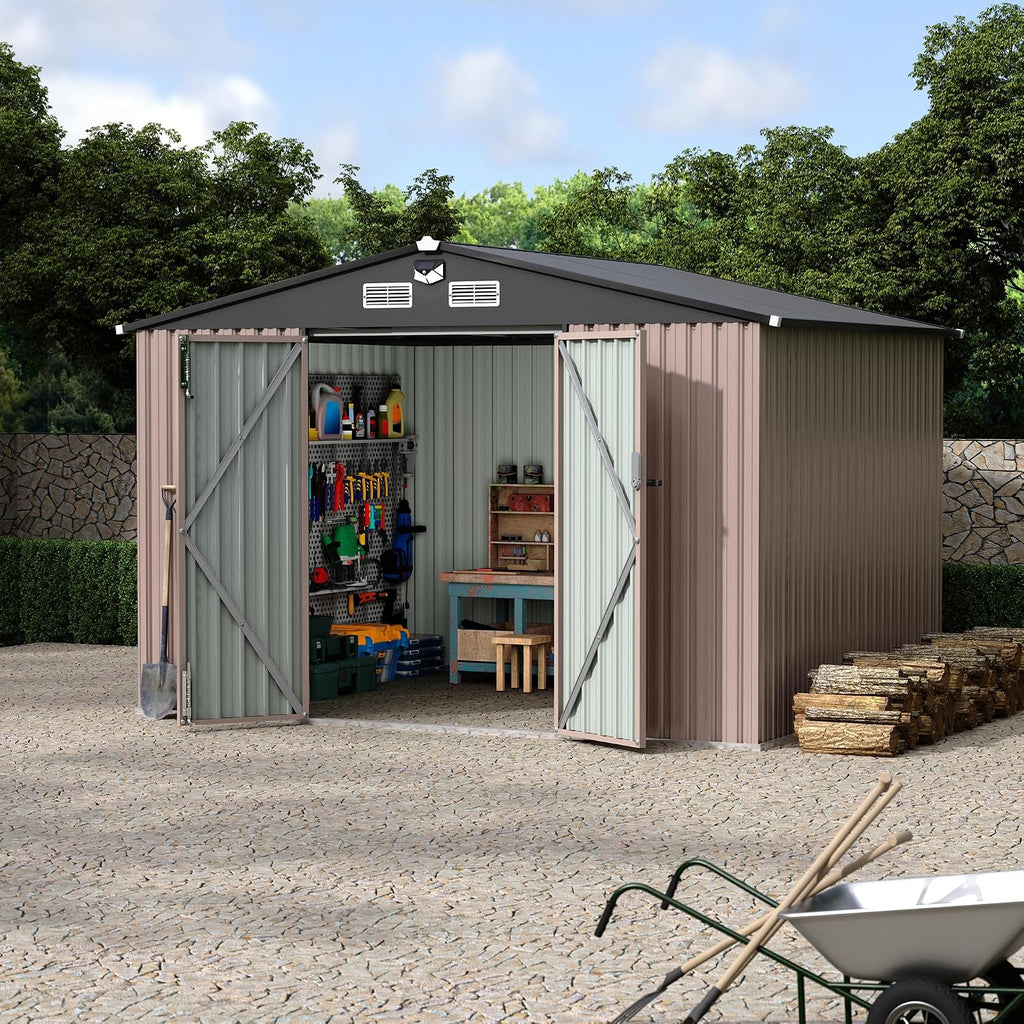 8x10 FT Metal Storage Sheds Outdoor, Metal Yard Sheds Metals Garden Shed Kit with Solar Light, MetalTool Shed with Lockable Door, Metals UtilitySheds Buildings with Air Vent for Backyard
