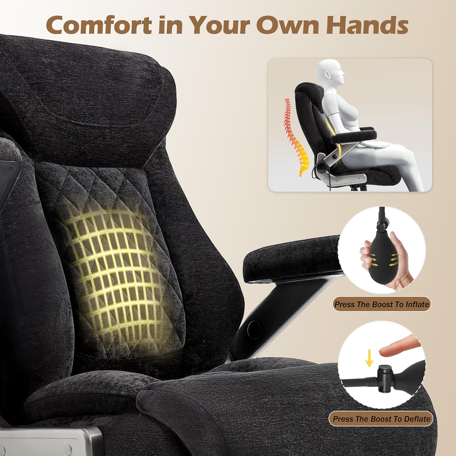 Fabric 700lbs Big and Tall Office Chair, Ergonomic Heavy Duty Executive Cloth Office Chair with 5D Flip Arms & Adjustable Lumbar Support & Dual Rubber Wheel, Large Thick Padded Extra Wide Seat, Black