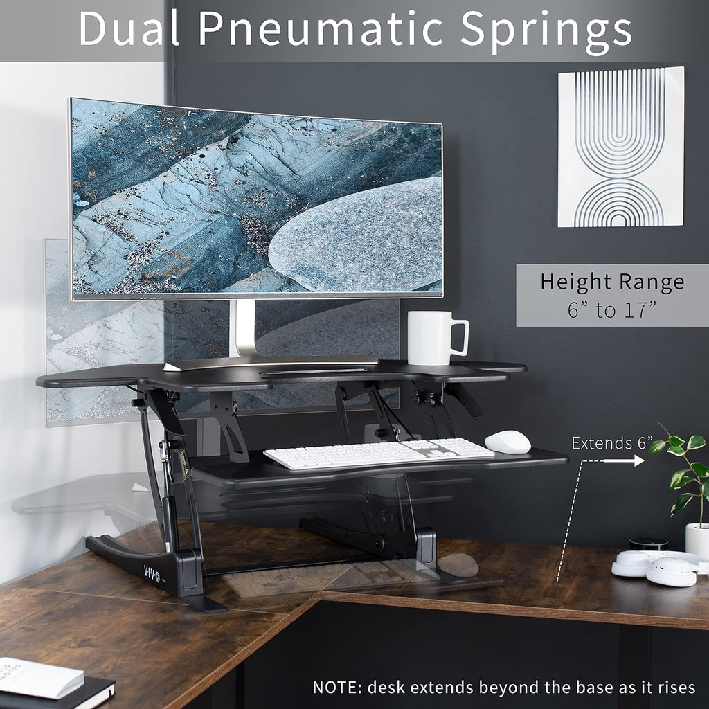 VIVO 43 inch Corner Height Adjustable Cubicle Stand Up Desk Converter, V Series, Quick Sit to Stand Tabletop Dual Monitor Riser Workstation, Black, DESK-V000VC