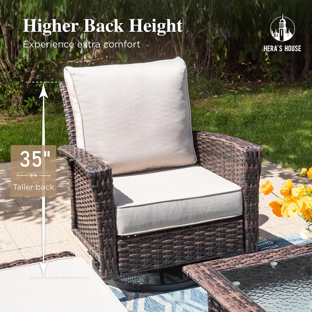 HERA'S HOUSE Outdoor Furniture, 2 x High Back Swivel Patio Chairs with 5.5' Cushions Wicker Rattan Deck Balcony Porch Furniture, Beige