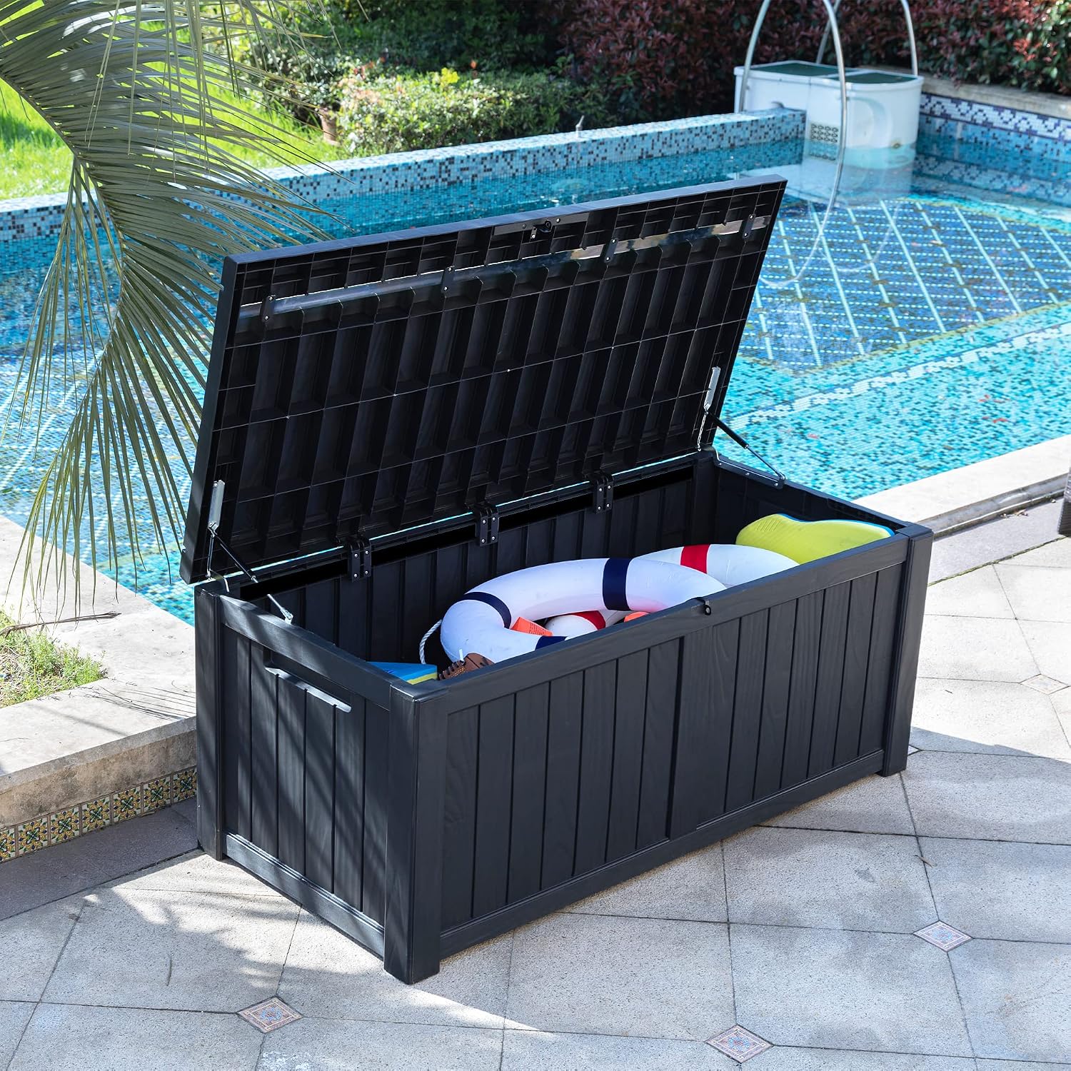YITAHOME 120 Gallon Outdoor Storage Deck Box, Large Resin Patio Storage Box with Slide-Locking Lid, 53'L 2-Person Bench Seat for Outdoor Pillows, Garden Tools & Pool-Supplies, Waterproof (Black)