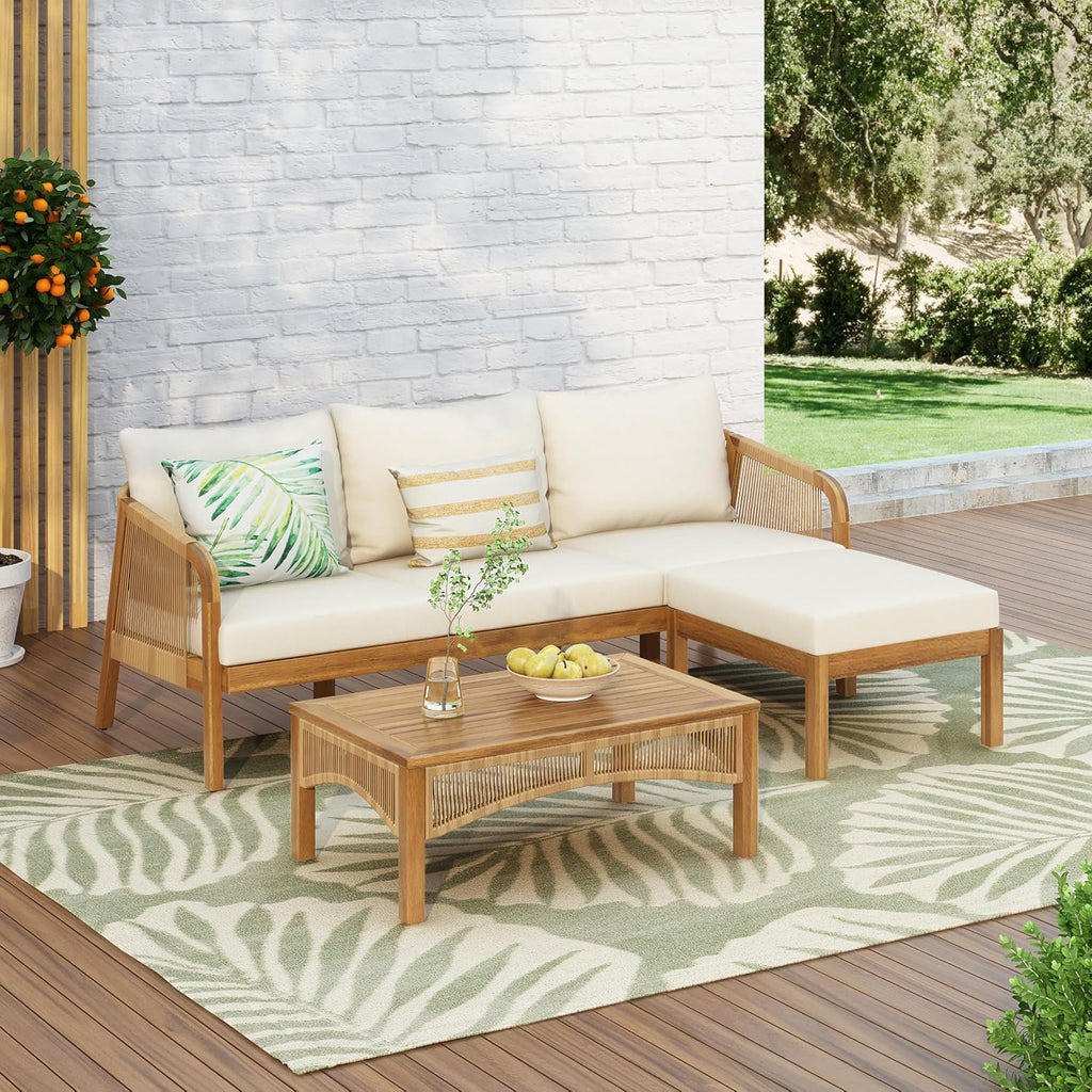 Christopher Knight Home Havets 3 Pieces Acacia Wood Patio Furniture Set, Faux Rattan Sofa and Coffee Table, Outdoor Conversation Sets with 6' Thick Cushions for Backyard Garden Balcony, Teak+Beige