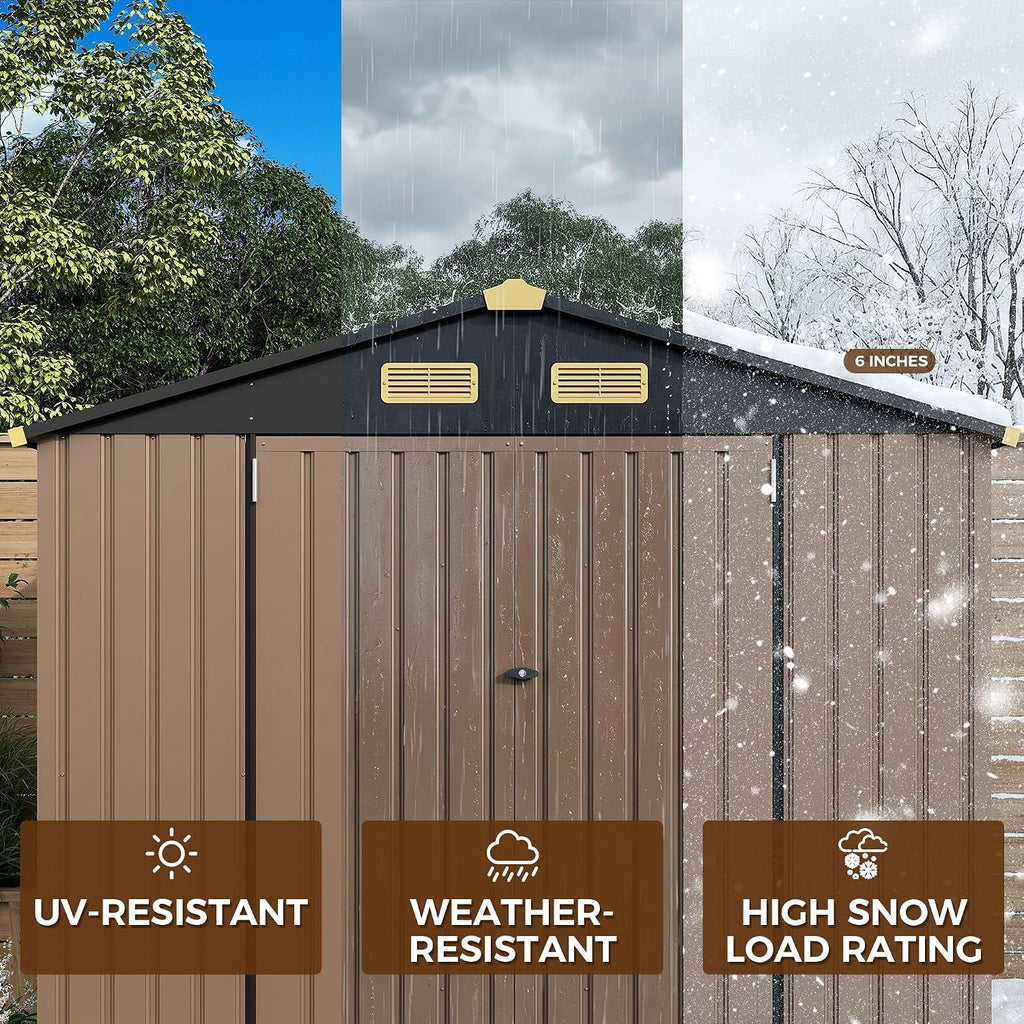 IRONCK 7.7x5.7 FT Storage Shed, Outdoor Metal Tool Shed with Breathable Vents and Lockable Doors, All-Weather Tool Storage for Patio, Outside, Poolside, Brown