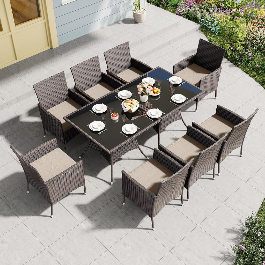 10 Pieces Outdoor Patio Dining Set,Patio Table and Chairs Rattan Outdoor Patio Furniture Set with Umbrella Hole,Dining Table Set for 8 with Chairs for Backyard,Garden and Kitchen,Brown