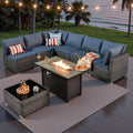 ovios Outdoor 8 Piece Patio Furniture Set with Fire Pit Table,Conversation Sectional Wicker Couch with Coffee Table,Modern Outside Sofa for Balcony Backyard, Blue