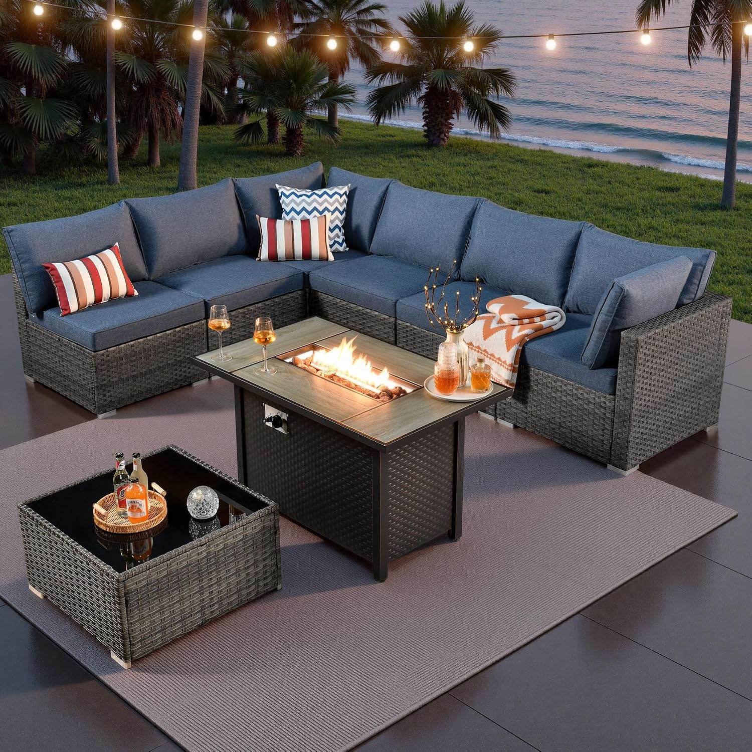 ovios Outdoor 8 Piece Patio Furniture Set with Fire Pit Table,Conversation Sectional Wicker Couch with Coffee Table,Modern Outside Sofa for Balcony Backyard, Blue