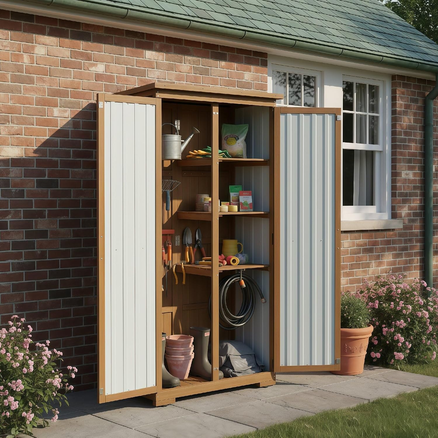 PetsCosset Outdoor Storage Cabinet, Wood & Metal Storage Shed with Weather-Resistant Roof, Removable Shelves, Lockable Doors, Outside Storage Tool Organizer for Garden, Patio, Backyard, Garage, Pool