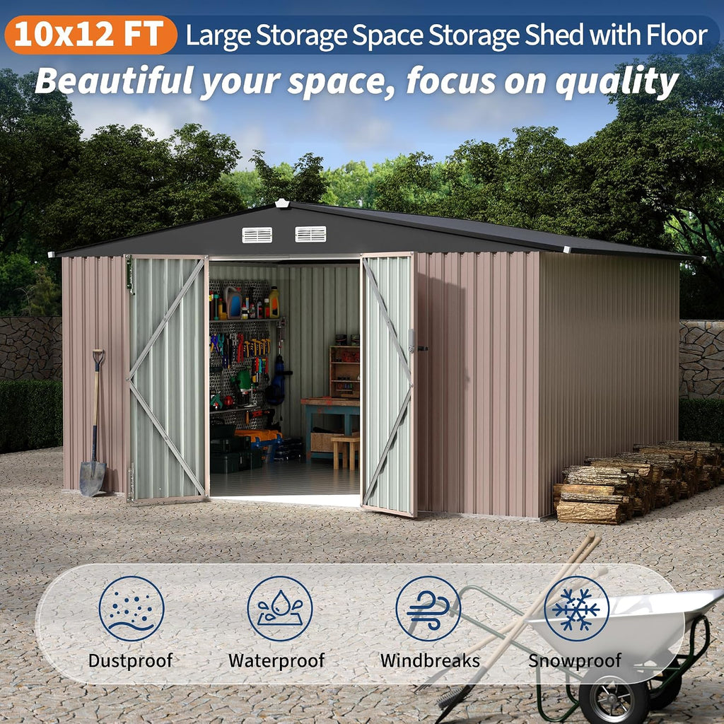 GarveeLife 10x12x6.4 ft Outdoor Storage Sheds with Floor, Metal Garden Tool Shed for Backyard, Large Metal Sheds Outdoor Storage With Lockable Doors & Air Vents for Backyard Garden Patio Lawn