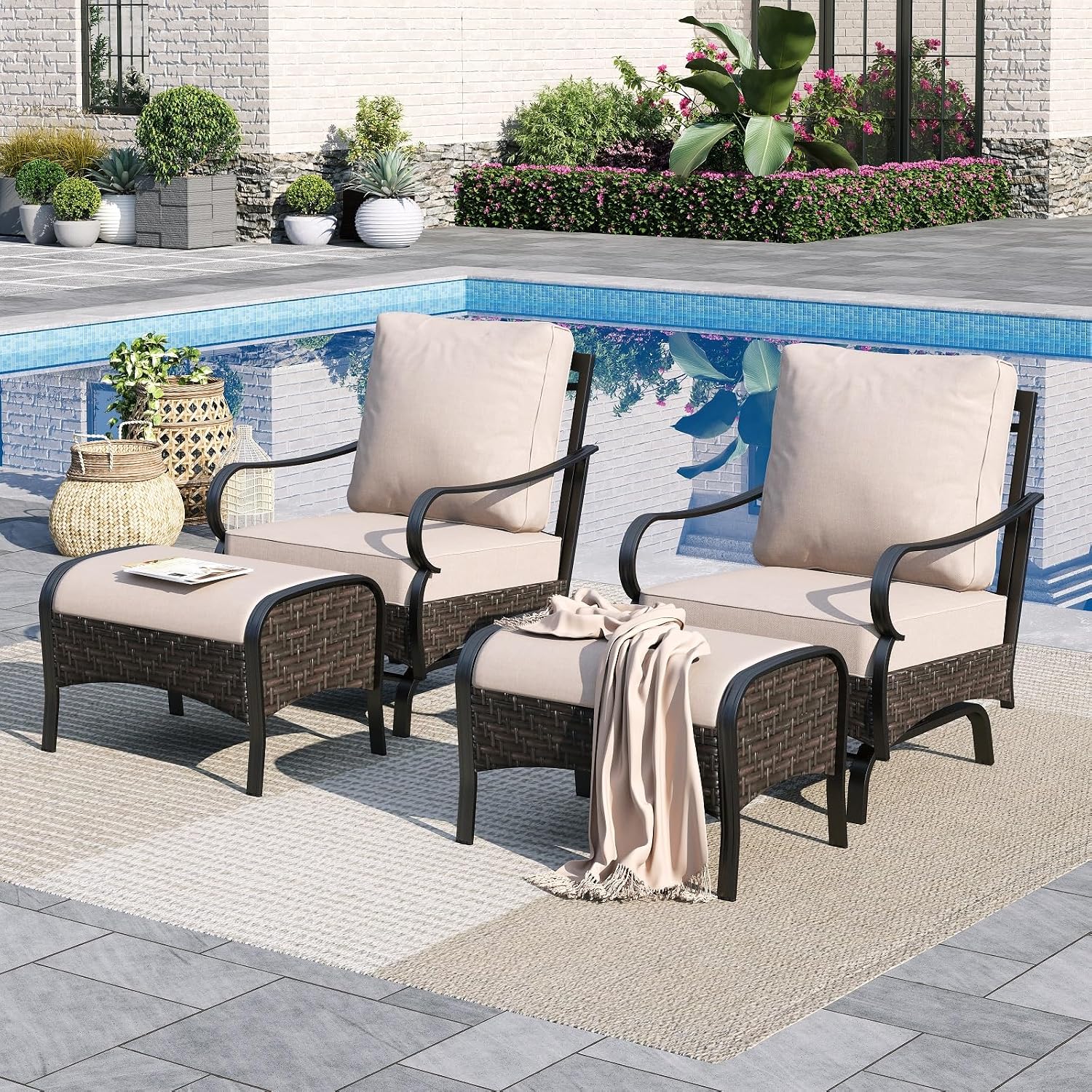 Sophia & William Patio Furniture Set, 4 Piece Metal Outdoor Conversation Set with 2 Sofa Chairs, 2 Ottoman for Outdoor Seating, Backyard, Porch(Beige)