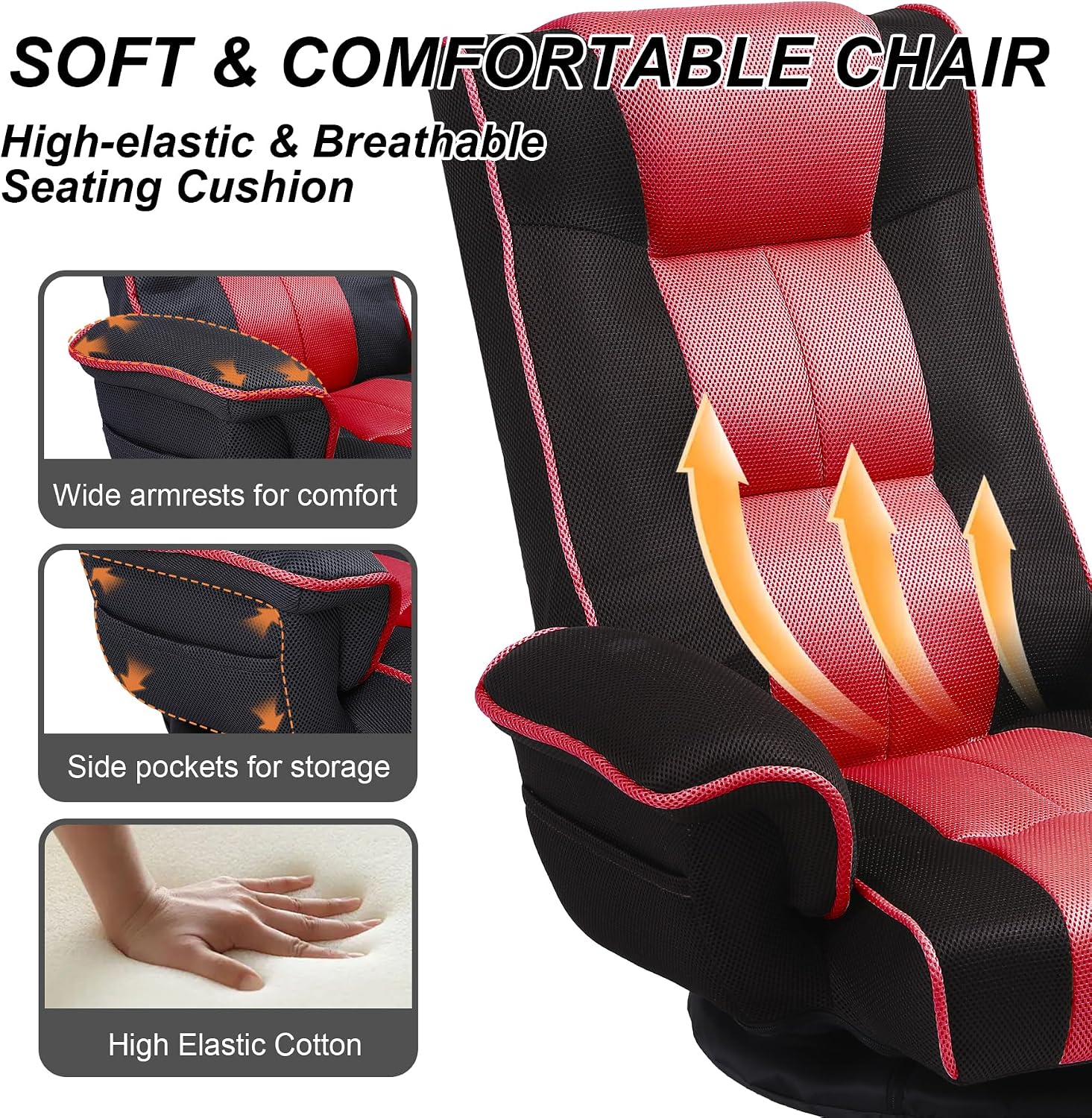 Swivel Floor Chairs for Adults, Floor Gaming Chair with Extra Wide Arms, Back Support 14 Angles Adjustable Comfortable Double Mesh Fabric Lazy Sofa for Video Game Chairs 201 (Black+Red)