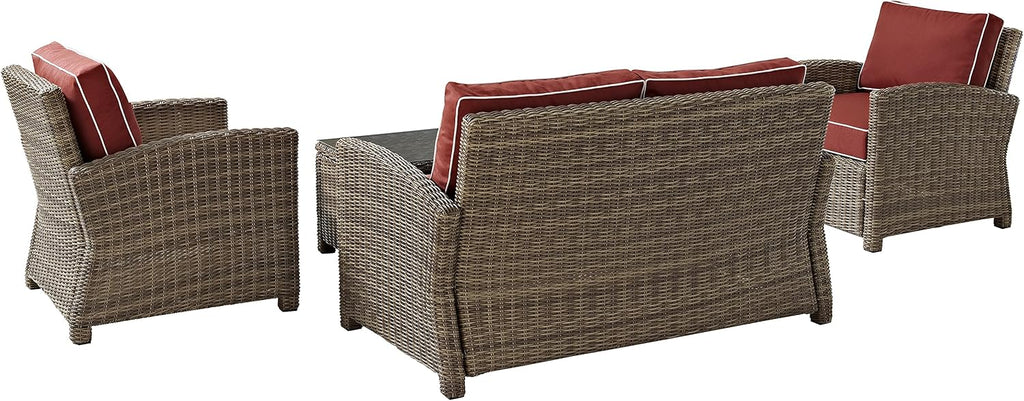 Crosley Furniture Bradenton 4-Piece Outdoor Loveseat Patio Furniture Set, Wicker Conversation Sets for Porch, Brown with Sangria Cushions