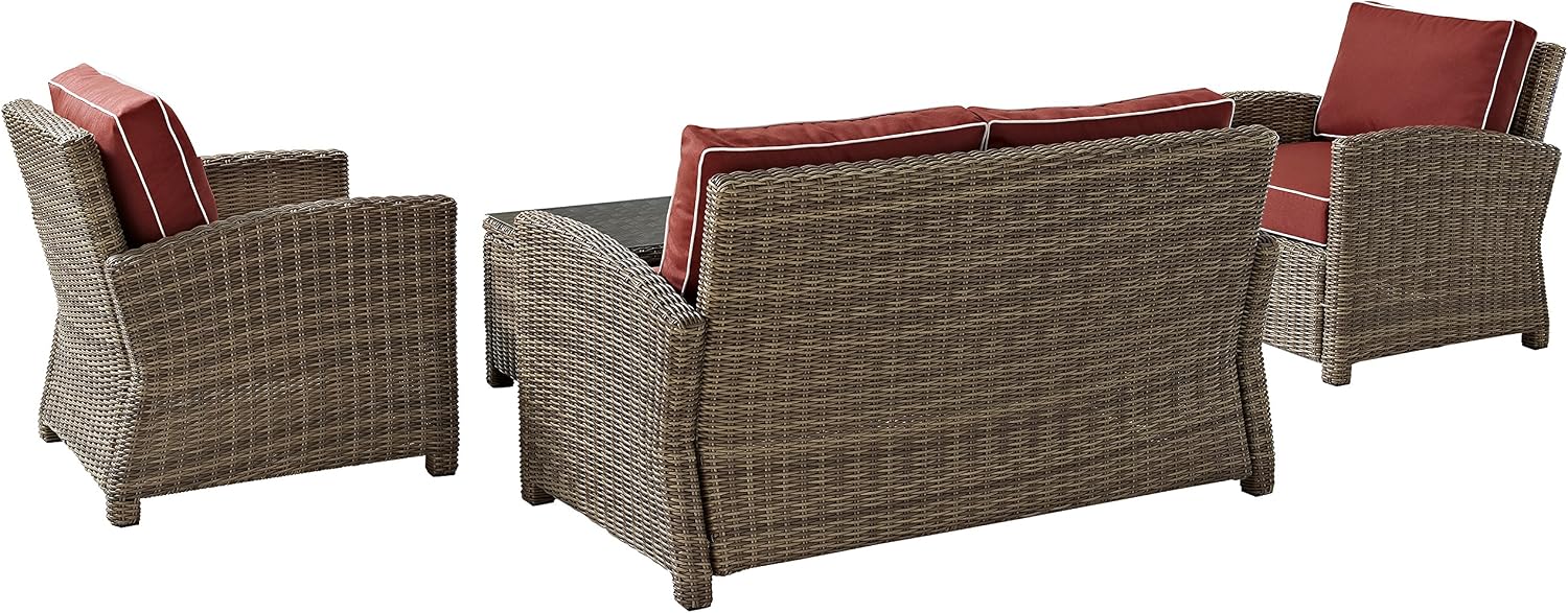 Crosley Furniture Bradenton 4-Piece Outdoor Loveseat Patio Furniture Set, Wicker Conversation Sets for Porch, Brown with Sangria Cushions