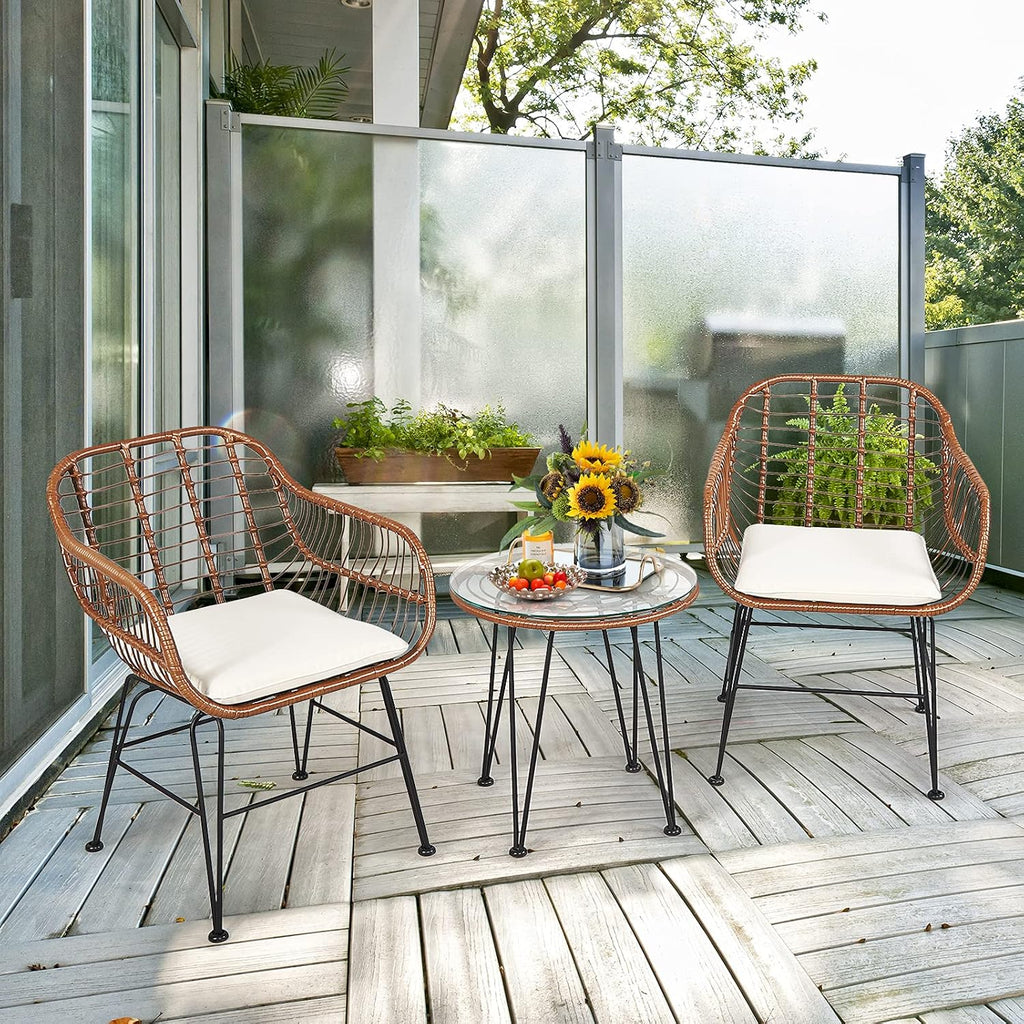 COSTWAY 3 Pieces Patio Bistro Set, Outdoor Rattan Conversation Seating Chair Set with Coffee Table & Soft Cushions, Indoor Wicker Furniture Set for Garden, Balcony, Porch, Pool,Beige