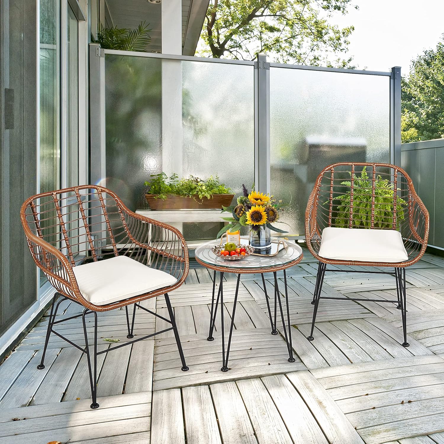COSTWAY 3 Pieces Patio Bistro Set, Outdoor Rattan Conversation Seating Chair Set with Coffee Table & Soft Cushions, Indoor Wicker Furniture Set for Garden, Balcony, Porch, Pool,Beige