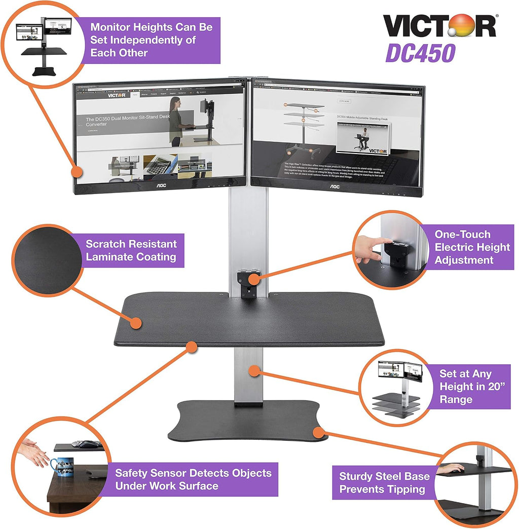 Victor Dual Monitor Electric Standing Desk Workstation, Height Adjustable Sit-Stand Converter with Dual Monitor Support, 28″ x 23″ Work Surface (DC450)