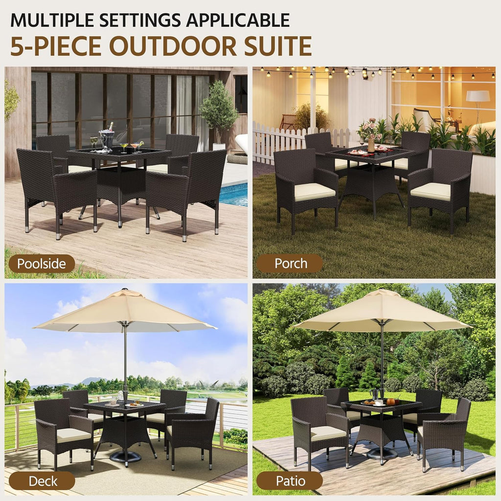 Yaheetech 5-Piece Patio Furniture Set, Outdoor Rattan 4 Dining Chairs & Tempered Glass Table with Umbrella Hole, for Garden Backyard Deck Balcony, Brown/Beige