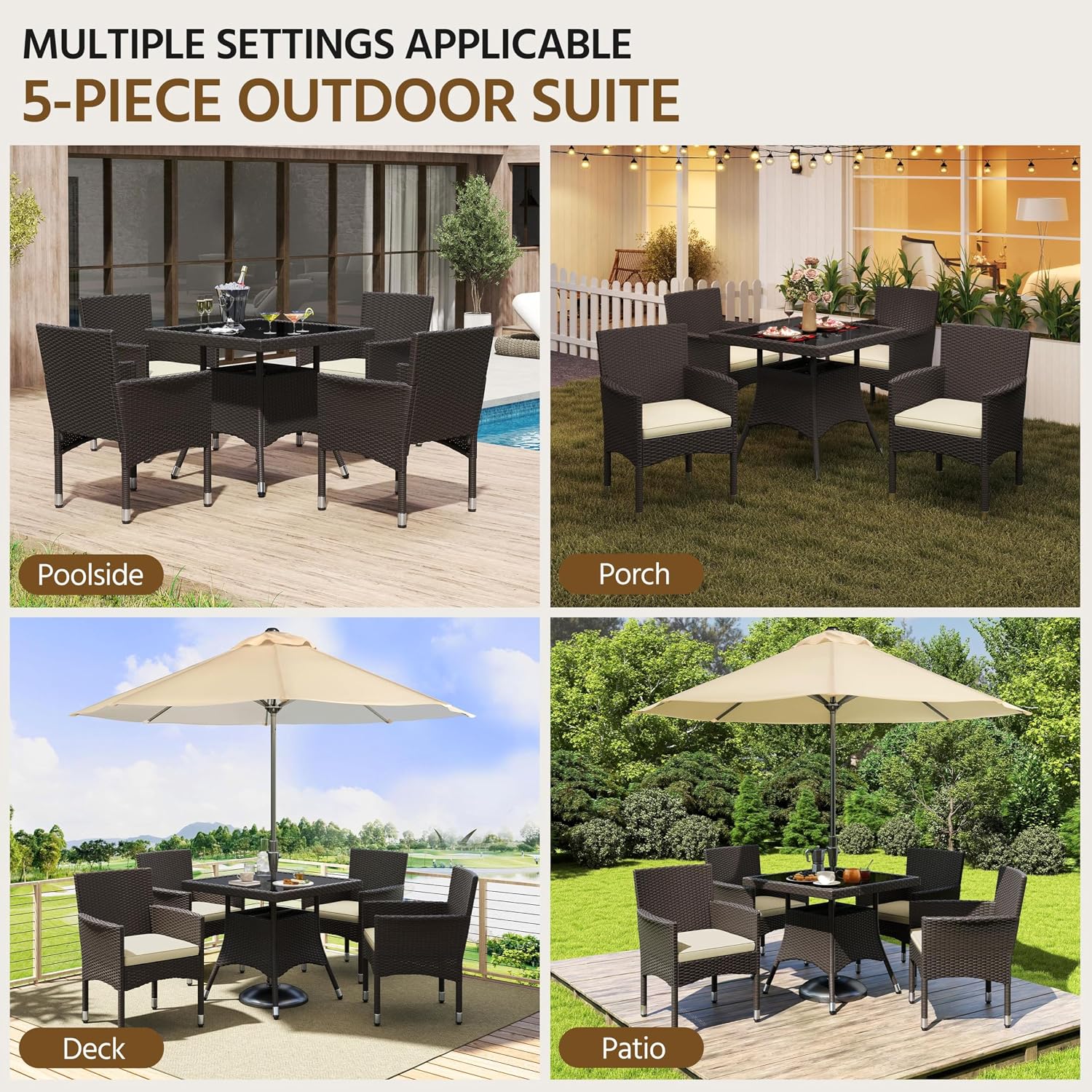 Yaheetech 5-Piece Patio Furniture Set, Outdoor Rattan 4 Dining Chairs & Tempered Glass Table with Umbrella Hole, for Garden Backyard Deck Balcony, Brown/Beige