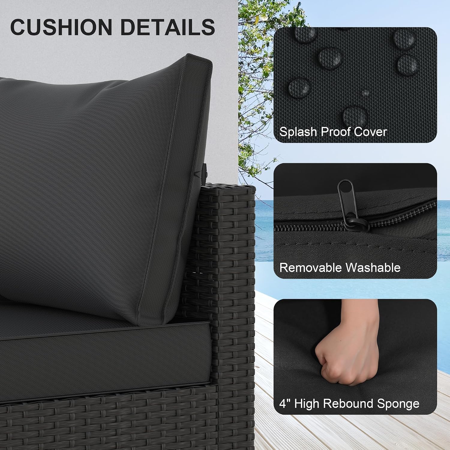 Patio Furniture Set, 5PCS Outdoor Sectional with Ottoman Wicker Rattan Patio Couch with Thickened Cushion Modular Wicker Patio Conversation Set with Glass Top Table for Balcony, Backyard (Black)