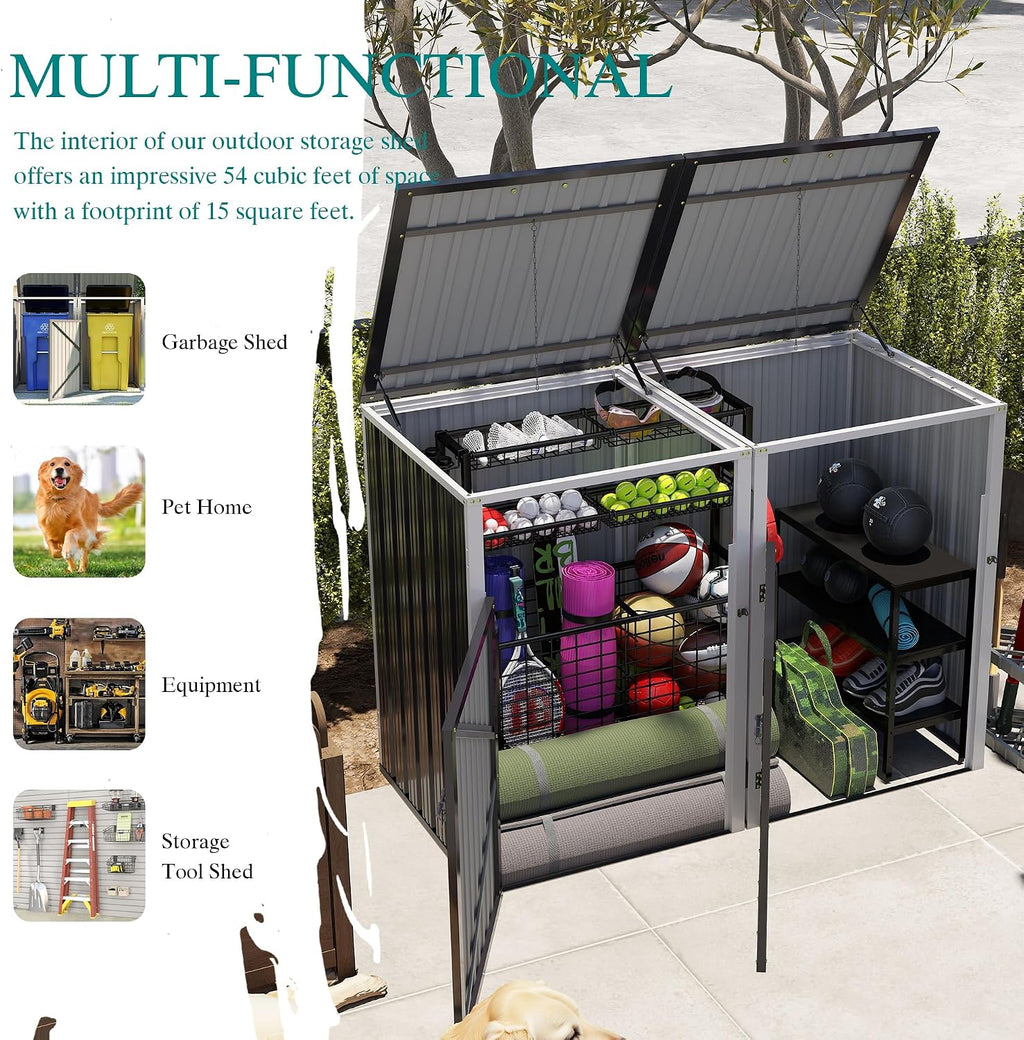Outdoor Trash Can Storage, Garbage Bin Shed Stores 2 Trash Cans with Pneumatic Support Rod, 54 Cubic feet of Space, Metal Outdoor Storage Shed for Garbage Cans, Garden, Backyard, and Patio, Grey