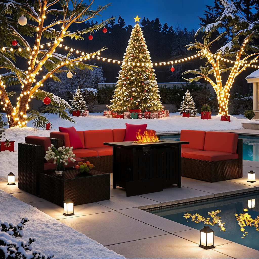Flamaker 8 Pieces Patio Furniture Set with Fire Pit Table Outdoor Sectional Patio Sofa Furniture Set with Gas Fire Pit and Coffee Table & Ottoman Cushion Pillows, Red