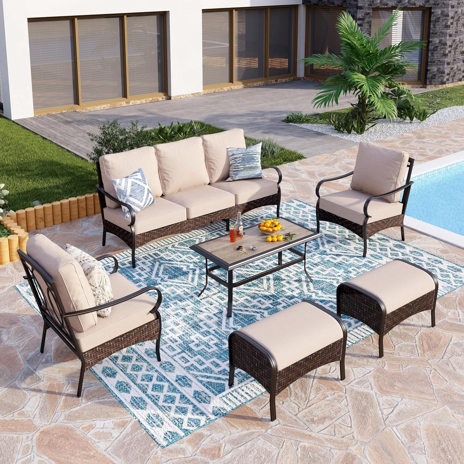 PHI VILLA Outdoor Modern Patio Furniture Set, Upgraded Wicker & Metal Patio Conversation Set with Waterproof Thick Cushions for Porch, Poolside, Yard(6 Pieces,Beige)