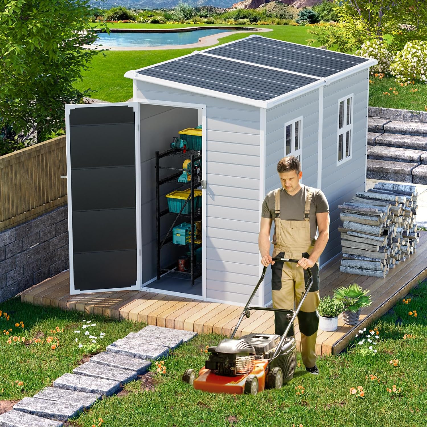 8x4x6 FT Resin Storage Shed with Floor Windows Door Vents, Reinforced Frame Waterproof Plastic Lean to Sheds Kit with Base for Backyard Garden Patio Tools Storage, Gray