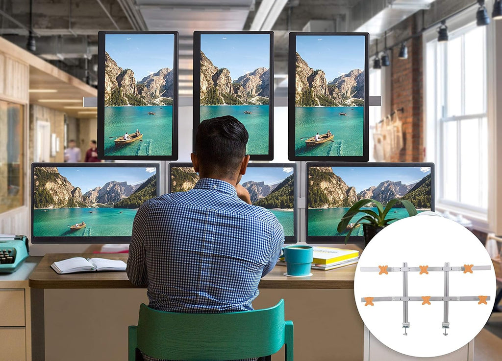 Stand Steady 6 Monitor Mount Desk Setup - Heavy-Duty Height Adjustable Monitor Stand, Swivel Arm with Clamp-On Base, 6 Screen VESA Mount Fits Most LCD/LED Monitors 17-32 in. (Silver, 6 Mounts)