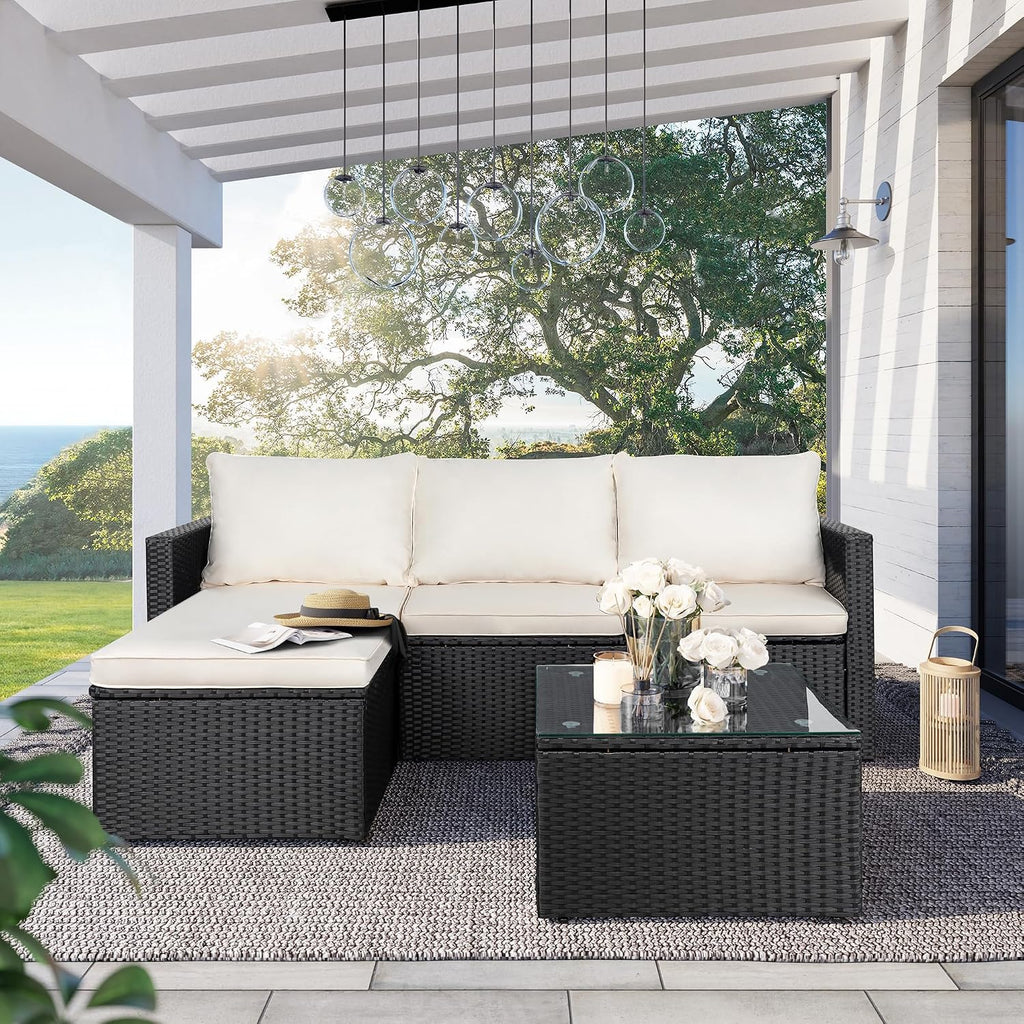 SUNLEI Patio Furniture Set with Detachable Soft Cushions, Outdoor PE Rattan Patio Conversation Sofa Set, 3-Piece Patio Sectional Sofa with Glass Coffee Table, Black Rattan/White
