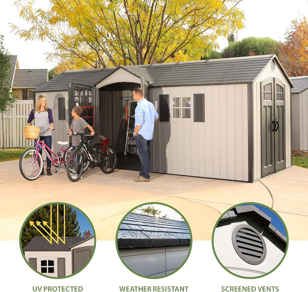 Lifetime 20 x 8 Ft. Outdoor Storage Shed with Steel Reinforced HDPE Walls, Lockable Doors, Windows, Skylights, Adjustable Shelving, Slip‑Resistant Floor, UV‑Protected Backyard Shed