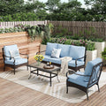 PHI VILLA Outdoor Modern Patio Furniture Set, Upgraded Wicker & Metal Patio Furniture Conversation Set with Waterproof Thick Cushions for Porch, Poolside, Yard (4 Pieces,Blue)