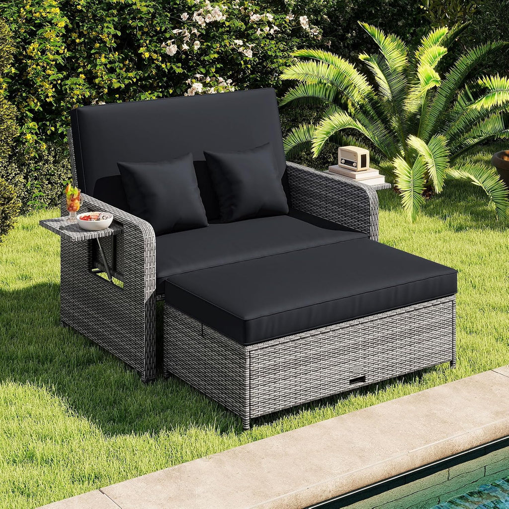Tangkula Patio Rattan Daybed with 4-Level Adjustable Backrest, Outdoor PE Wicker Loveseat with Storage Ottoman & Folding Side Table, Double Sunbed for Balcony, Backyard & Poolside, Black & Grey