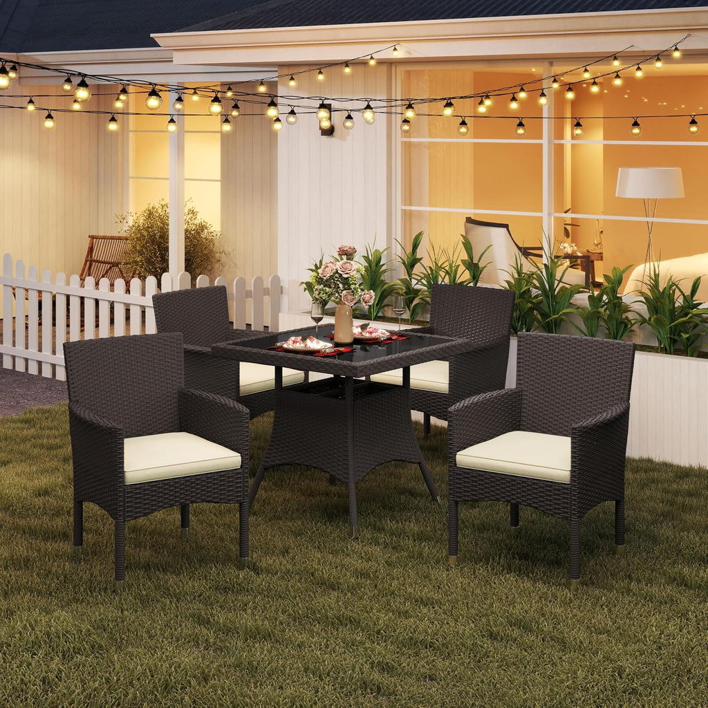 Yaheetech 5-Piece Patio Furniture Set, Outdoor Rattan 4 Dining Chairs & Tempered Glass Table with Umbrella Hole, for Garden Backyard Deck Balcony, Brown/Beige