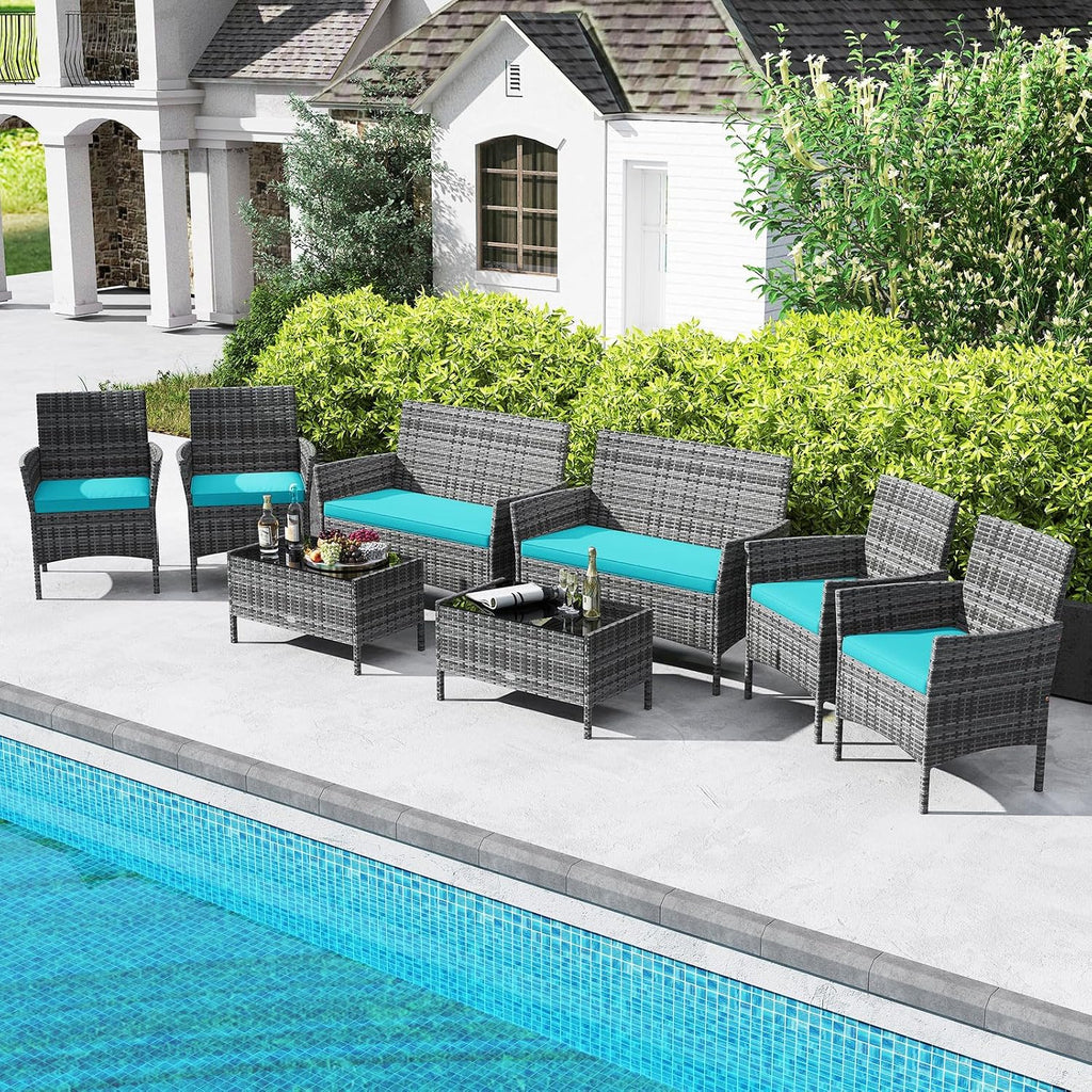Tangkula 8 Pieces Patio Rattan Conversation Set, Outdoor Wicker Furniture Set with Cushioned Chair, Loveseat & Tempered Glass Table, Outside Sectional Sofa Set for Backyard (G-Turquoise,2)