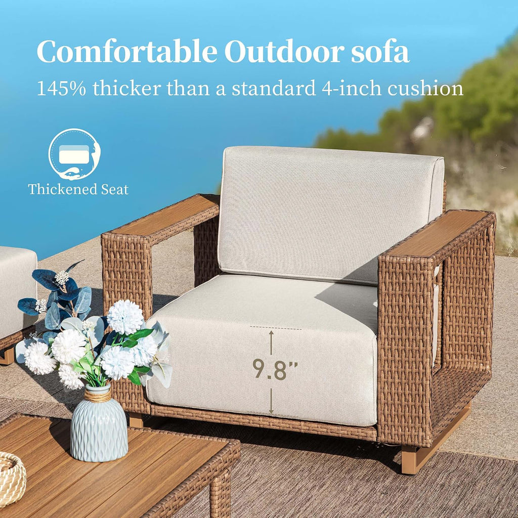 SUNSHINE VALLEY Patio Furniture Set, Sectional Outdoor Conversation Sets with Fire Pit & 10' Thick Cushions, 5 Pieces L Shaped Modular Yellow Rattan Wicker Sofa, Low Profile Lawn Garden Couch Set