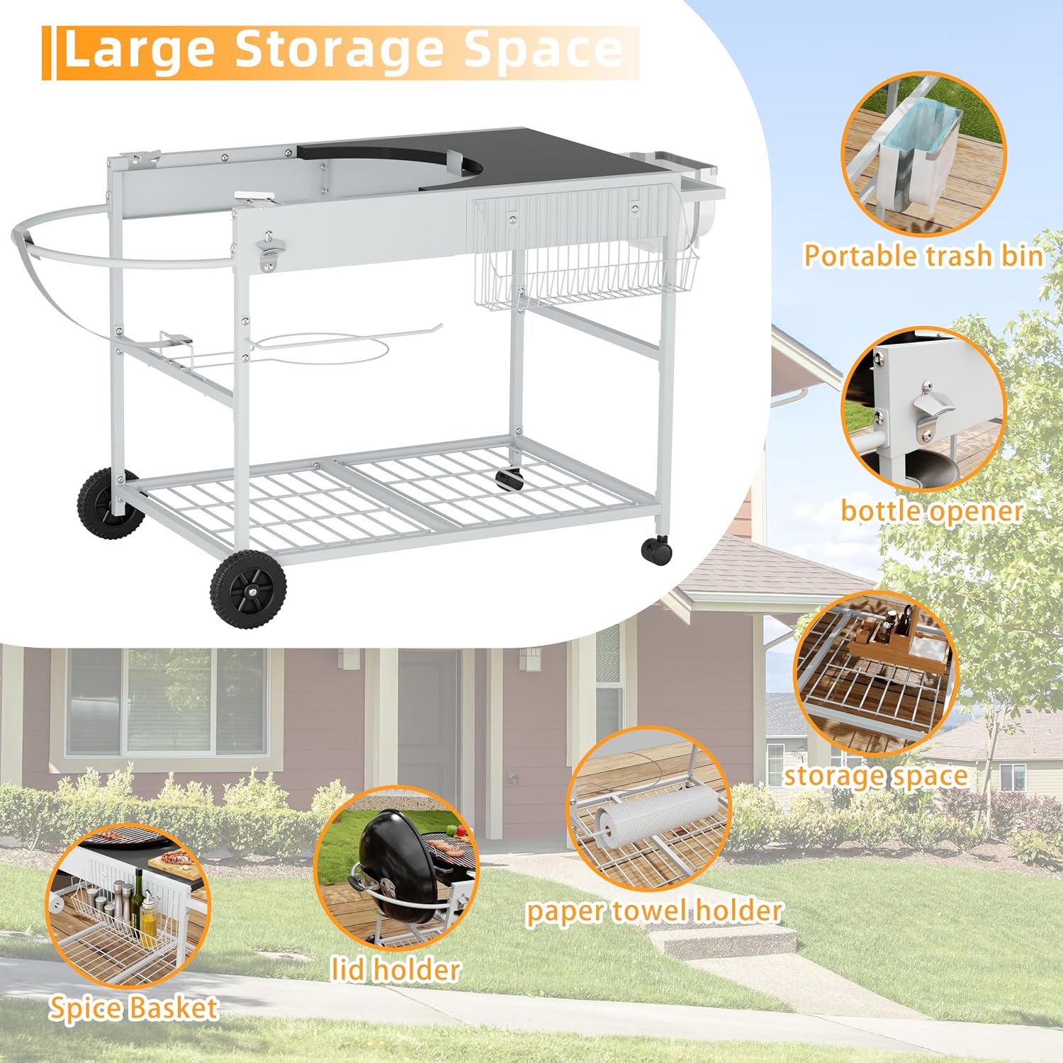 Vongrasig Grill Cart for Weber Kettle 18' & 22', Charcoal Grill Table, Outdoor Kitchen Island with Storage for Jumbo Joe,Master-Touch Charcoal Grill, Silver