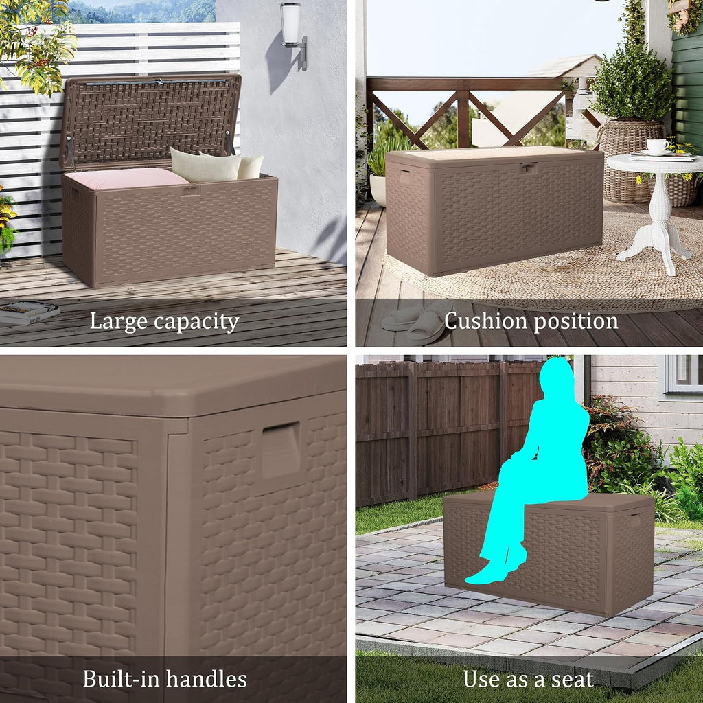 Outdoor Storage Box Waterproof, 73 Gallon Pro Lockable Resin Deck Box Large, Patio Storage Bin for Pool Accessories Cushion Furniture, Garden Tools, UV-Resistant Outside Delivery Brown